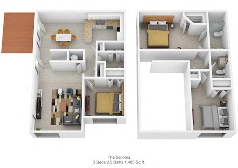Floor plan for 3 beds, 2.5 baths, 1405 sqft